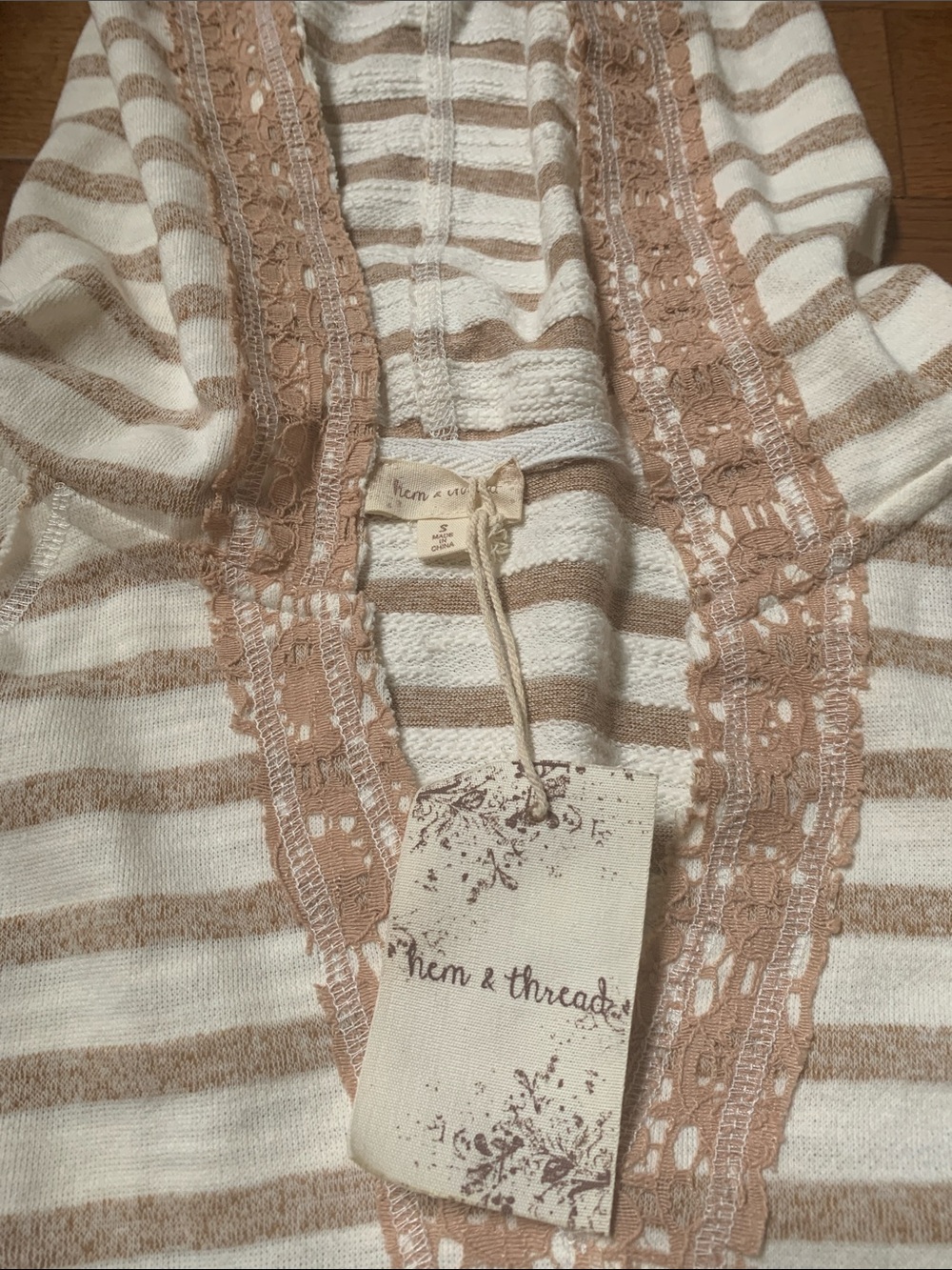 Hem & Thread Cream and Tan Striped Lace-Trim Pullover Hoodie - Picture 2 of 3